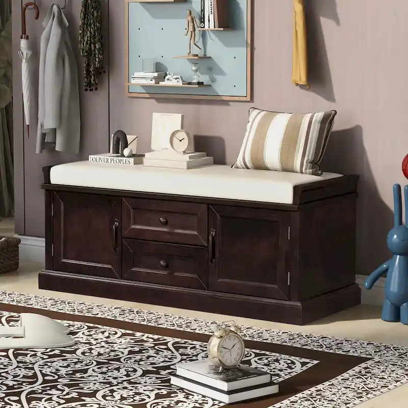 Storage Bench with 2 Drawers and 2 Cabinets, Shoe Bench with Removable Cushion for Living Room
