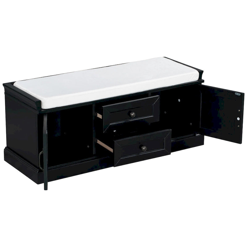 Storage Bench with 2 Drawers and 2 Cabinets, Shoe Bench with Removable Cushion for Living Room