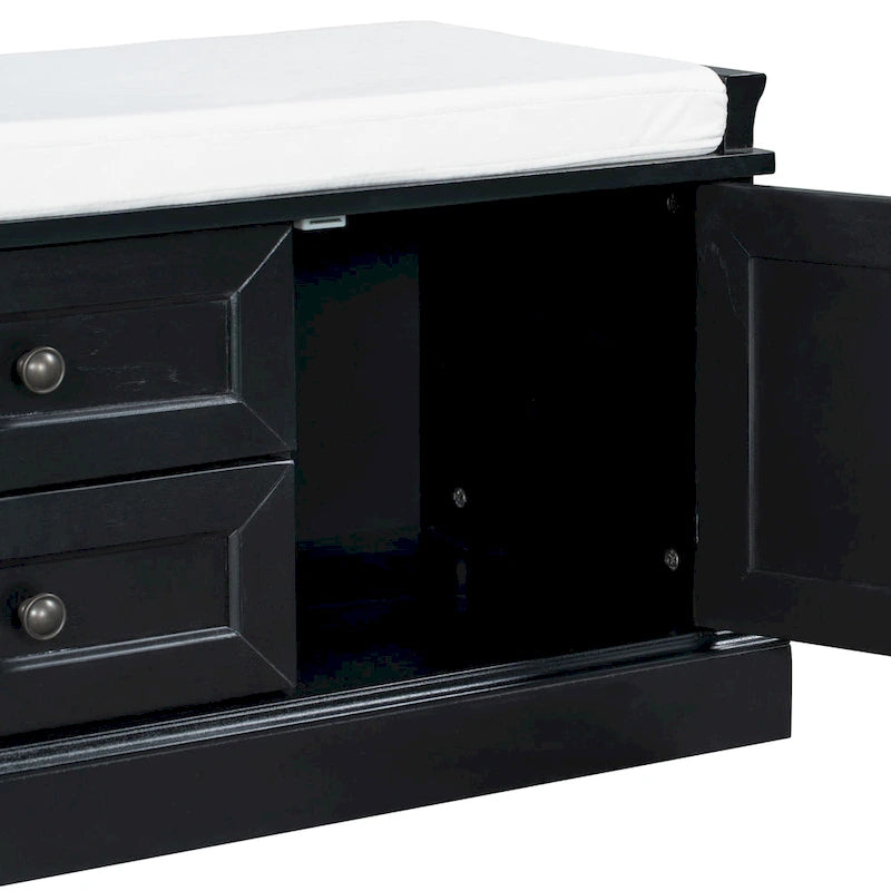 Storage Bench with 2 Drawers and 2 Cabinets, Shoe Bench with Removable Cushion for Living Room