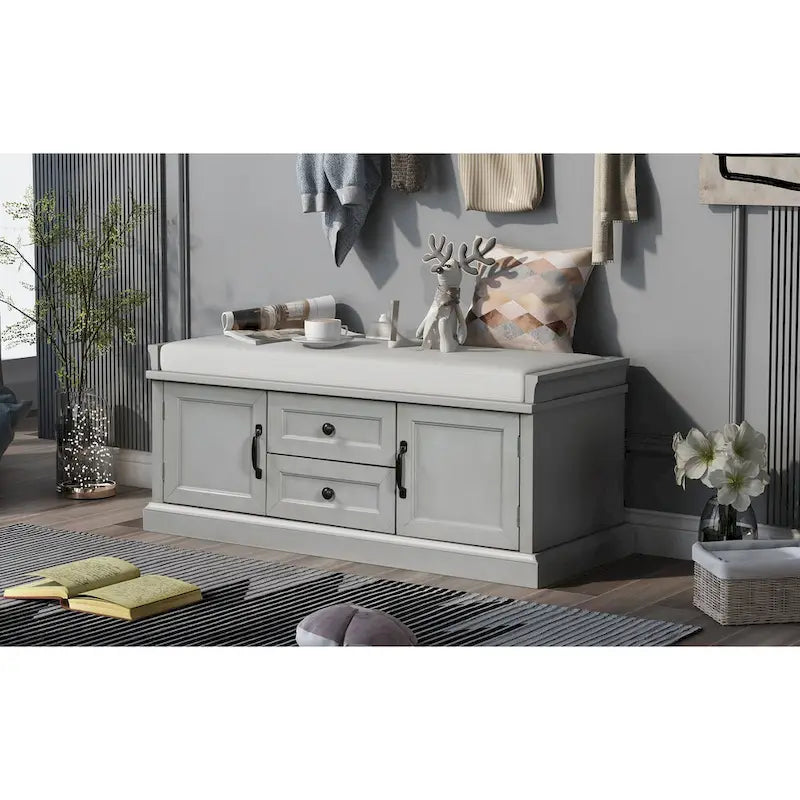Storage Bench with 2 Drawers and 2 Cabinets, Shoe Bench with Removable Cushion for Living Room