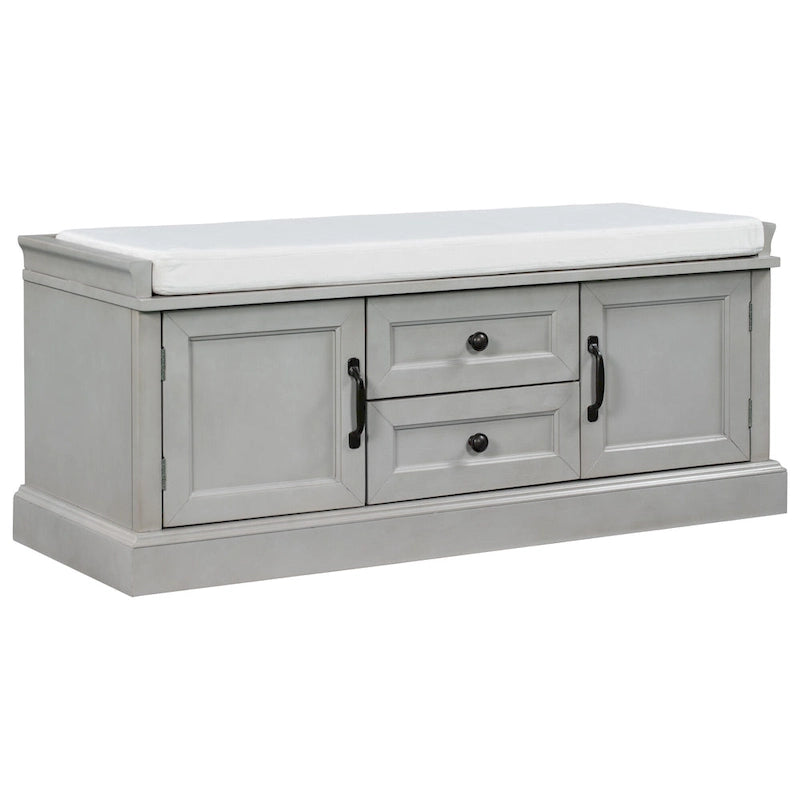 Storage Bench with 2 Drawers and 2 Cabinets, Shoe Bench with Removable Cushion for Living Room
