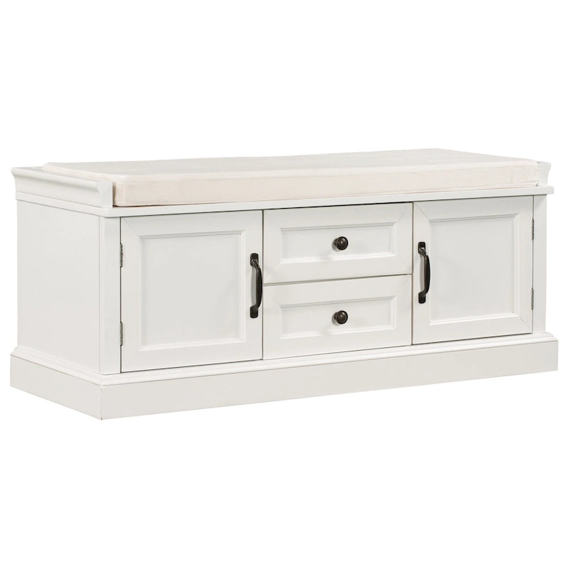 Storage Bench with 2 Drawers and 2 Cabinets, Shoe Bench with Removable Cushion for Living Room