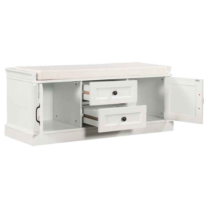 Storage Bench with 2 Drawers and 2 Cabinets, Shoe Bench with Removable Cushion for Living Room
