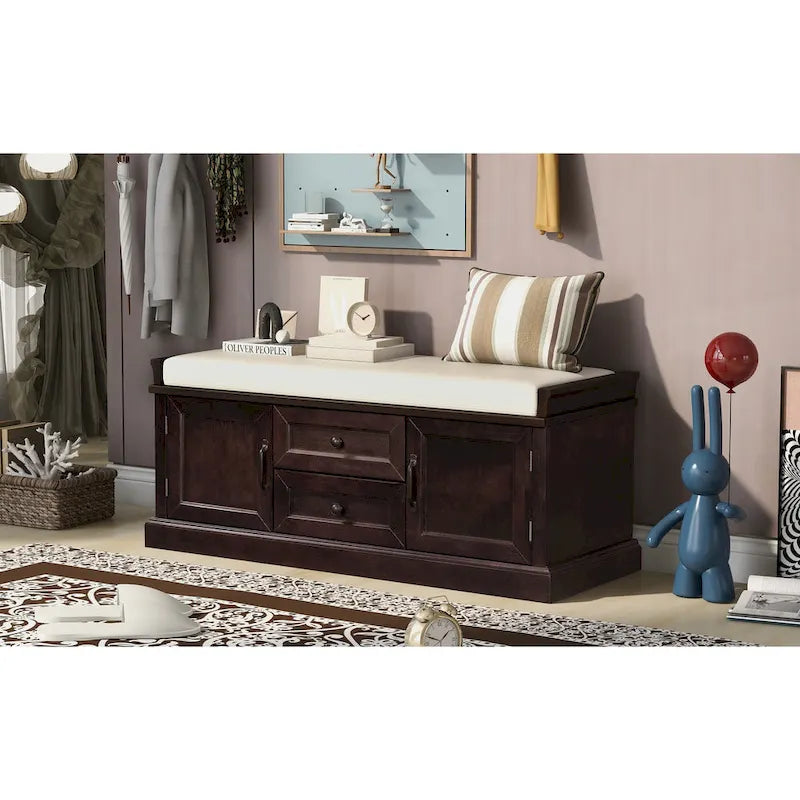 Storage Bench with 2 Drawers and 2 Cabinets, Shoe Bench with Removable Cushion for Living Room