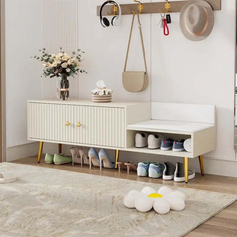 Upholstered Shoe Storage Bench with Cushioned Seat, Hidden Cabinet & Metal Legs - Modern Entryway Organizer