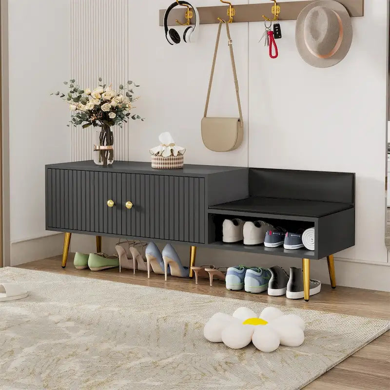 Upholstered Shoe Storage Bench with Cushioned Seat, Hidden Cabinet & Metal Legs - Modern Entryway Organizer