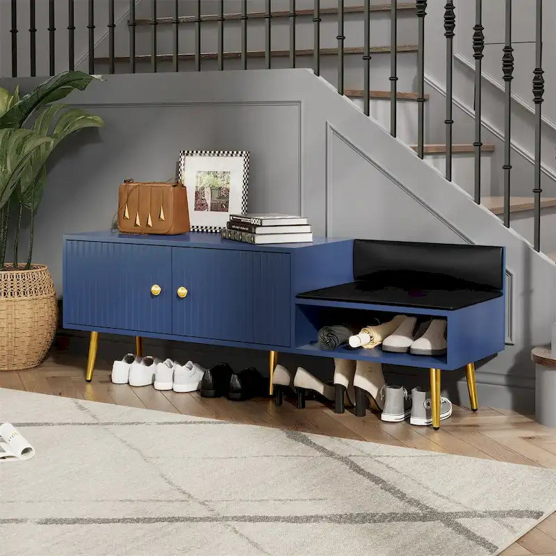 Upholstered Shoe Storage Bench with Cushioned Seat, Hidden Cabinet & Metal Legs - Modern Entryway Organizer