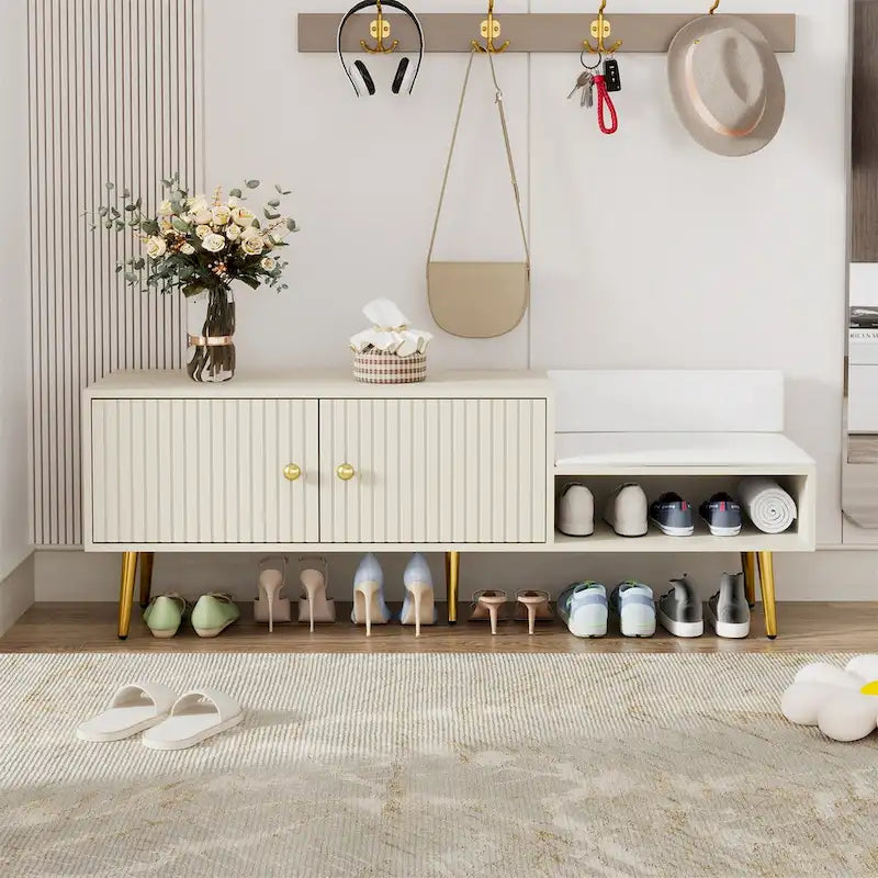 Modern Shoe Storage Bench with Hidden Storage and Upholstered Cushions