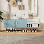 Upholstered Shoe Storage Bench with Cushioned Seat, Hidden Cabinet & Metal Legs - Modern Entryway Organizer