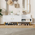 Upholstered Shoe Storage Bench with Cushioned Seat, Hidden Cabinet & Metal Legs - Modern Entryway Organizer