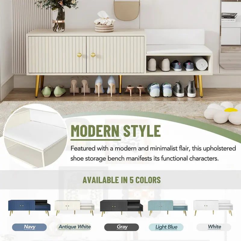 Upholstered Shoe Storage Bench with Cushioned Seat, Hidden Cabinet & Metal Legs - Modern Entryway Organizer