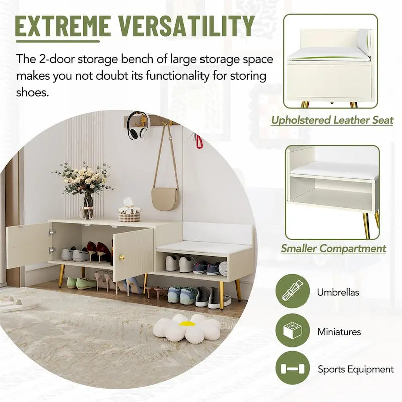 Upholstered Shoe Storage Bench with Cushioned Seat, Hidden Cabinet & Metal Legs - Modern Entryway Organizer