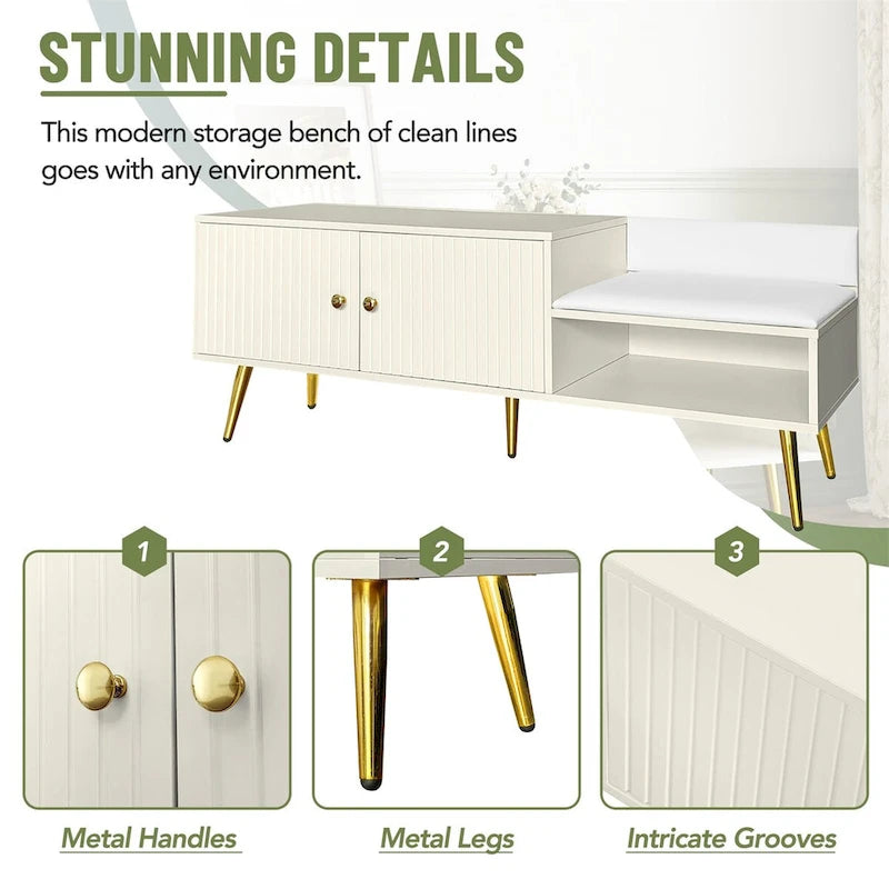Upholstered Shoe Storage Bench with Cushioned Seat, Hidden Cabinet & Metal Legs - Modern Entryway Organizer