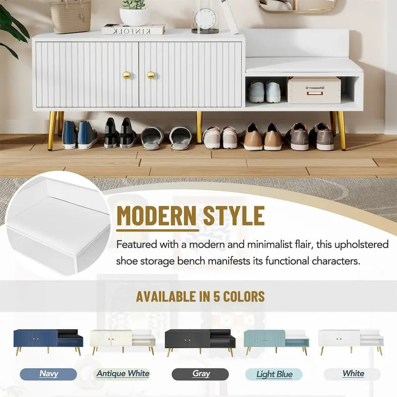 Upholstered Shoe Storage Bench with Cushioned Seat, Hidden Cabinet & Metal Legs - Modern Entryway Organizer