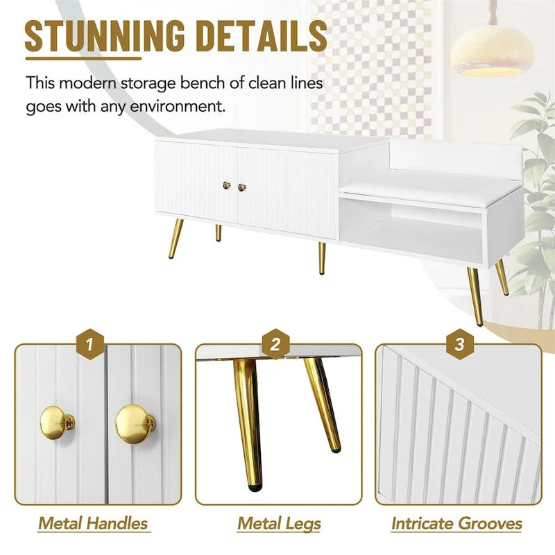 Upholstered Shoe Storage Bench with Cushioned Seat, Hidden Cabinet & Metal Legs - Modern Entryway Organizer