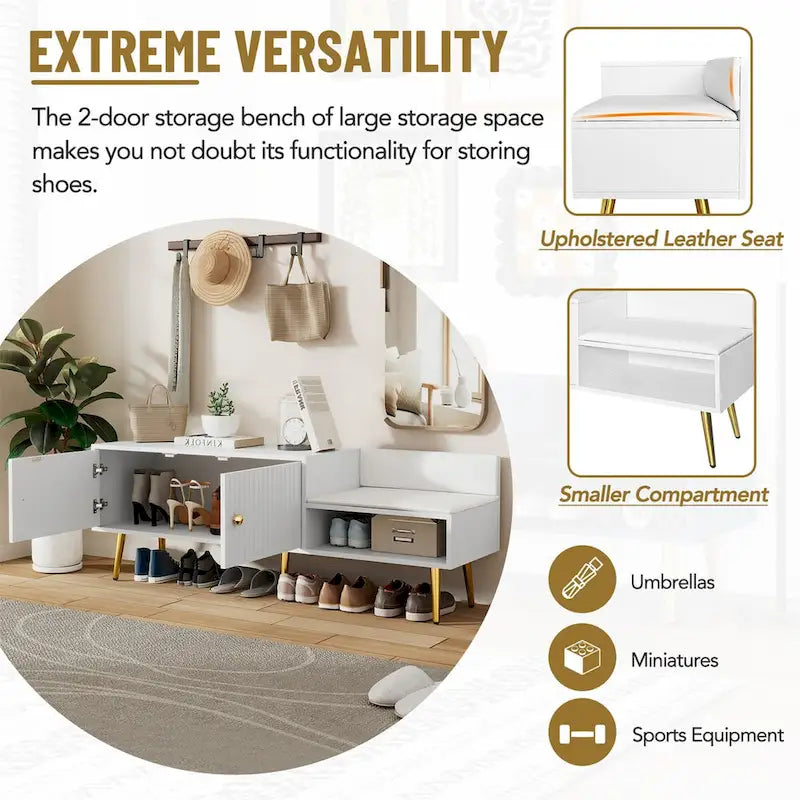Upholstered Shoe Storage Bench with Cushioned Seat, Hidden Cabinet & Metal Legs - Modern Entryway Organizer