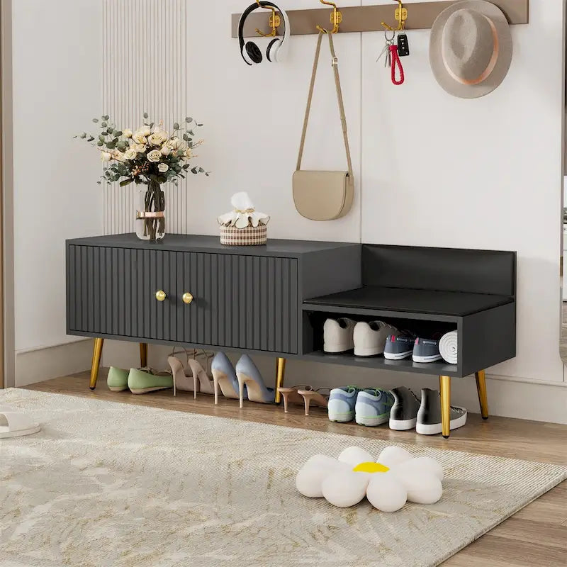 Upholstered Shoe Storage Bench with Cushioned Seat, Hidden Cabinet & Metal Legs - Modern Entryway Organizer