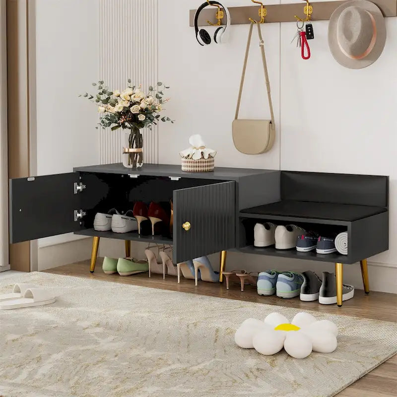 Upholstered Shoe Storage Bench with Cushioned Seat, Hidden Cabinet & Metal Legs - Modern Entryway Organizer