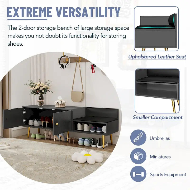 Upholstered Shoe Storage Bench with Cushioned Seat, Hidden Cabinet & Metal Legs - Modern Entryway Organizer