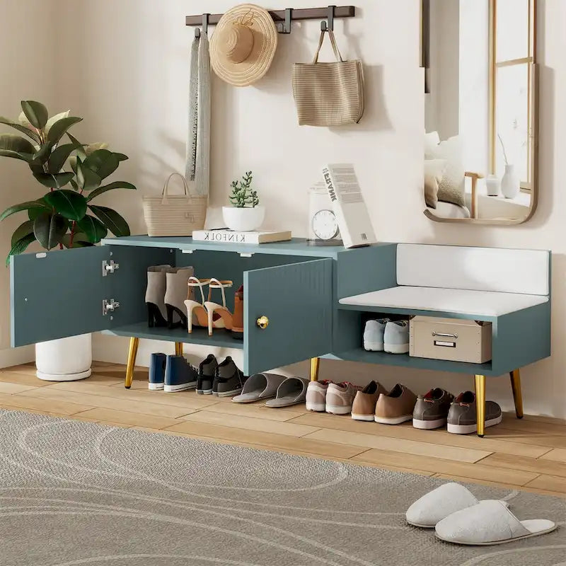 Upholstered Shoe Storage Bench with Cushioned Seat, Hidden Cabinet & Metal Legs - Modern Entryway Organizer