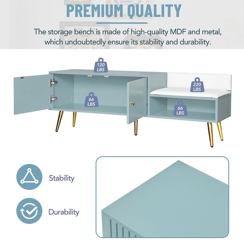 Upholstered Shoe Storage Bench with Cushioned Seat, Hidden Cabinet & Metal Legs - Modern Entryway Organizer