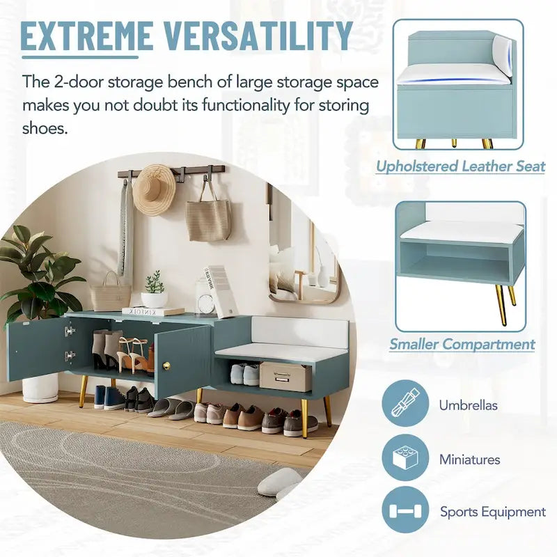 Upholstered Shoe Storage Bench with Cushioned Seat, Hidden Cabinet & Metal Legs - Modern Entryway Organizer
