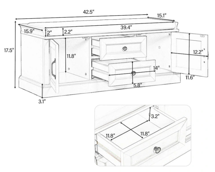 Storage Bench with 2 Drawers and 2 Cabinets, Shoe Bench with Removable Cushion for Living Room