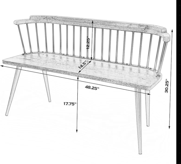 Spindle Back Bench - Solid Mango Wood & Iron Frame, 48.25" Wide, Rustic Modern Industrial Style